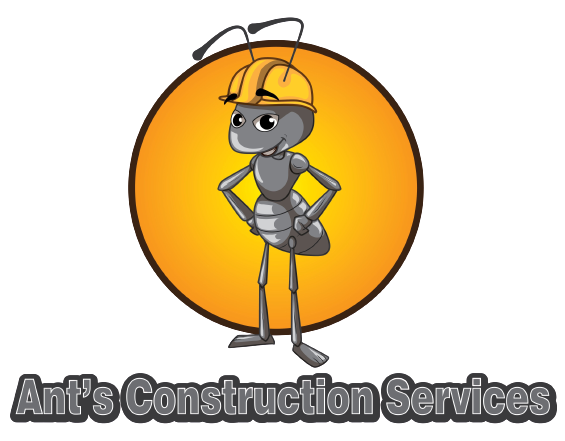 A cartoon ant wearing a hard hat and standing in front of an orange circle.
