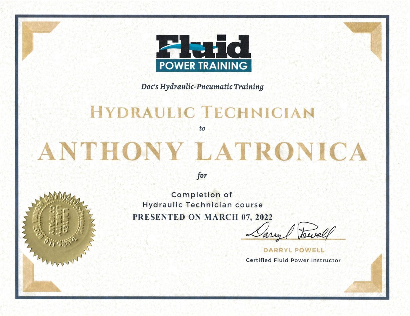A certificate of completion for a hydraulic technician.