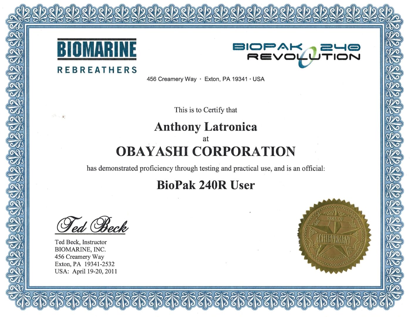 A certificate of recognition for biopak 2 4 0 8 user.