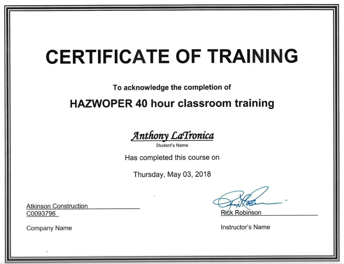 A certificate of training for hazwoper 4 0 hour classroom training.