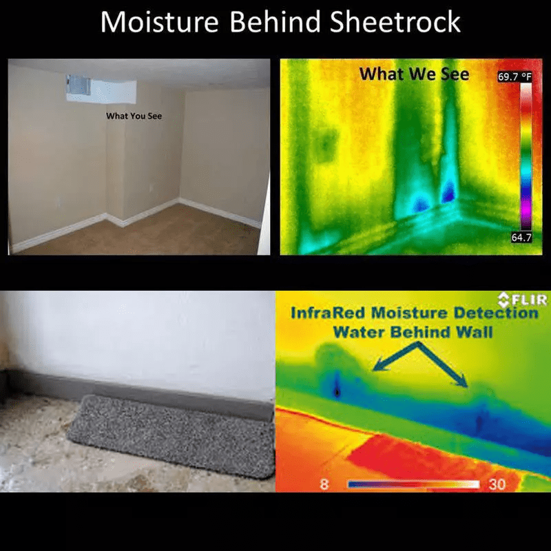 A picture of the inside of a room with some images showing how moisture is exposed.